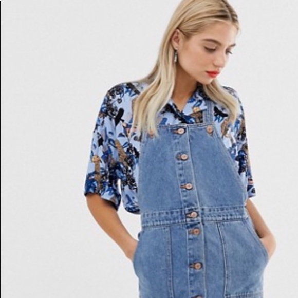 Monki Mini Denim Overall Dress in Blue Size XS